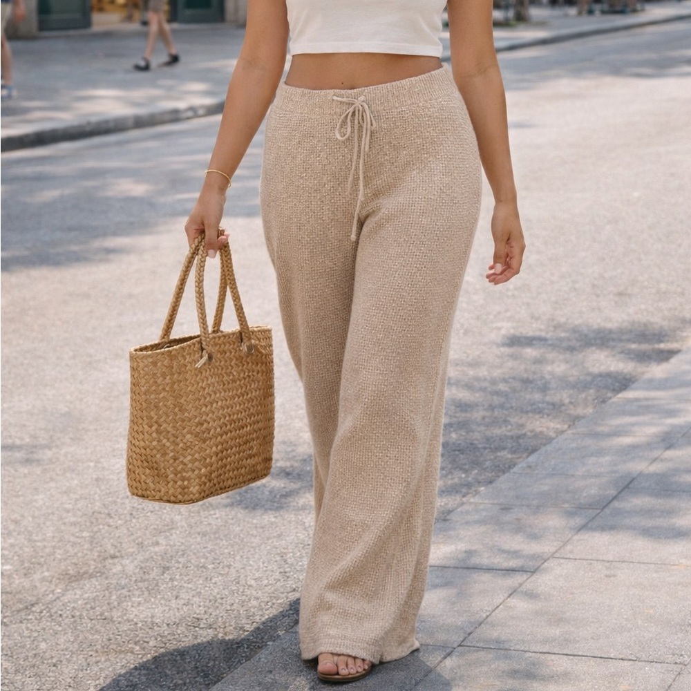 🌸Aerie Beige Wide-Leg Knit Drawstring Blanket Pants loungewear boho chic cozy XL